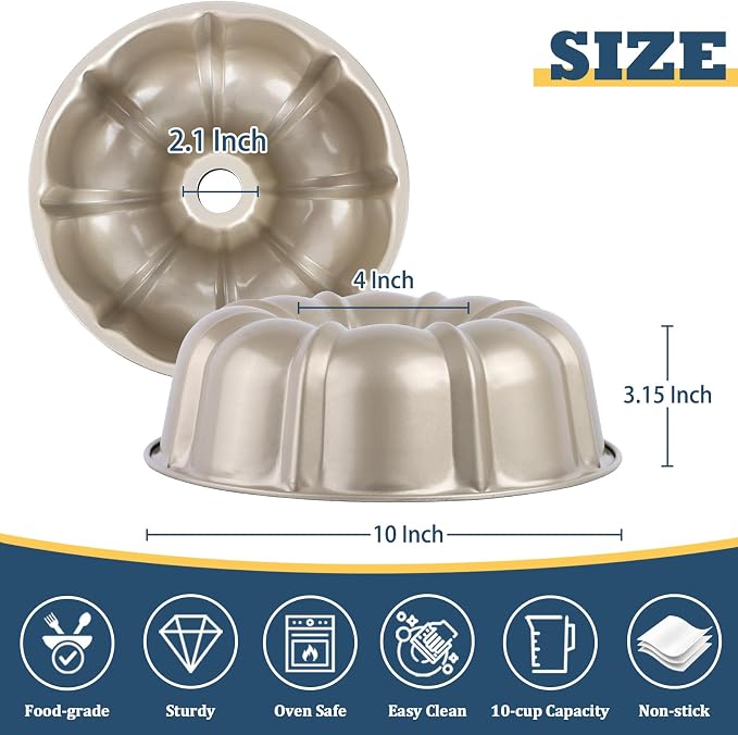 P&P CHEF 10 Inch Light Gold Non-stick Cake Pan, Carbon Steel Fluted Tube Round Baking Pan for Pound Cake, 10-Cup Large Capacity Bakeware, Healthy & Heavy Duty, 1 Piece