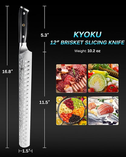 Kyoku 12" Brisket Knife for Meat Carving, UPGRADED Damascus Slicing Knife with Silver PVD Coating for Professional &Home Chefs,Sharp Japanese VG10 Steel Butcher Meat Cutting Knives,BBQ Breaking Slicer