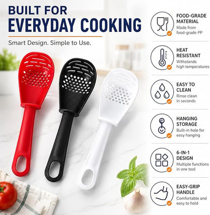 3 Pack Multifunctional Kitchen Cooking Spoon, Muulaii 6 in1 Kitchen Gadgets Strainers for Egg Yolk Separator- Grater Masher- Colander Skimmer Scoop