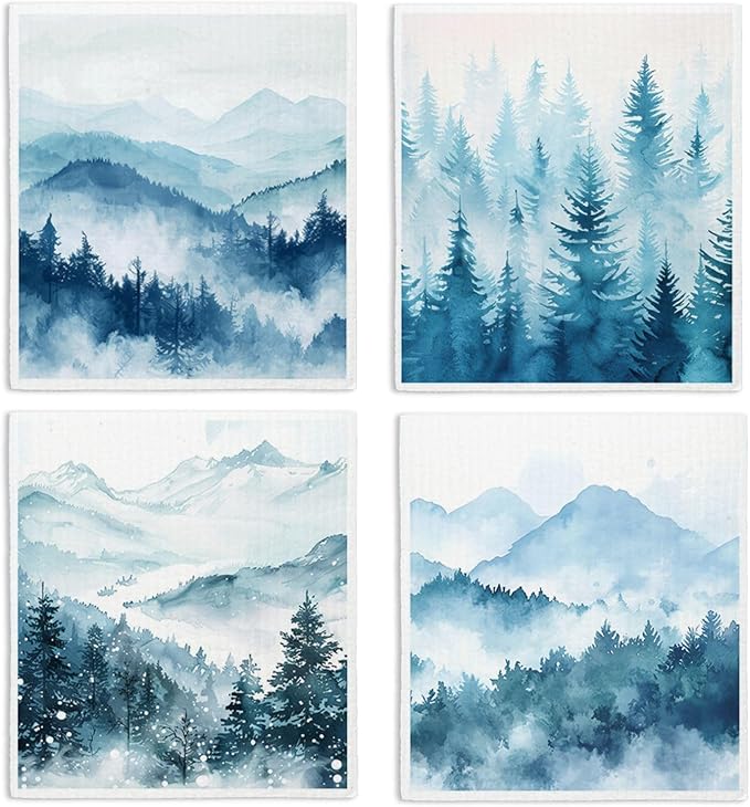 Winter Tree Christmas Swedish Dishcloths for Kitchen, Swedish Dish Cloths for Pine Tree, Papaya Reusable Paper Towels, 4 Pack Dish Towels for Kitchen, Reusable Paper Towels Washable
