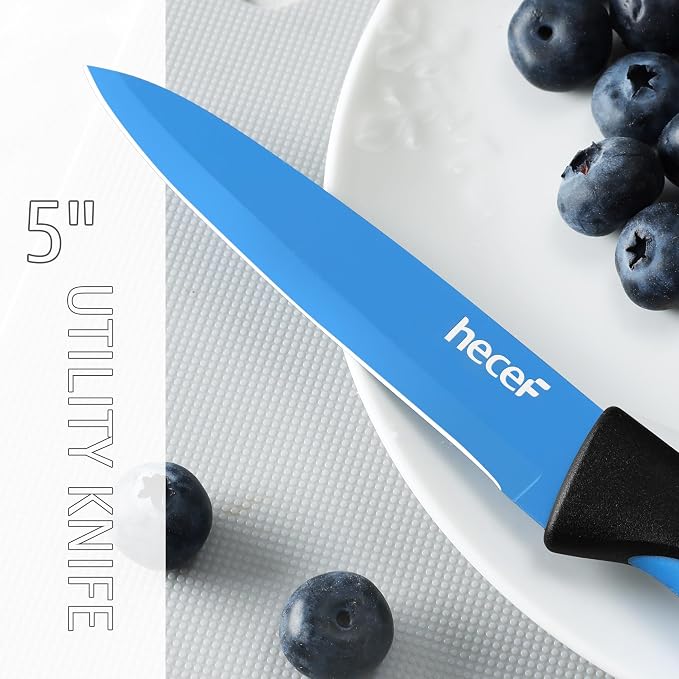 hecef 14 Pieces Kitchen Knife Set with Built-in Sharpening Wooden Block, Dishwasher Safe, High Carbon Stainless Steel Knife Block Set with Steak Knives, Kitchen Scissors (Blue)