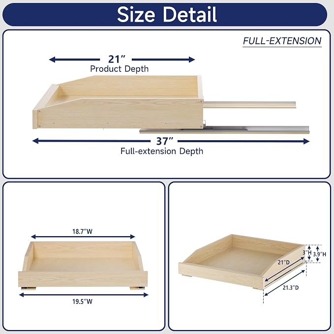 Pull Out Cabinet Organizer 19.5" W x 21" D, Soft Close Slide Out Wood Drawer Shelf for Kitchen Cabinets, Pull Out Cabinet Drawer for Base Cabinet, Pantry and Bathroom Storage, Bottom Mount