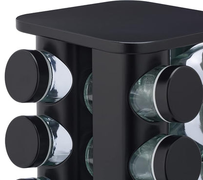 Relaxdays Spice Rack, 20 Glass Jars, Rotatable, Stainless Steel, H x D: Approx. 33.5 x 20 cm, Black