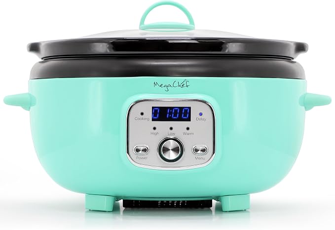 MegaChef 3.7 Quart Oval Electric Digital Slow Cooker with Black Stoneware Crock, Adjustable Timer & Temperature Control, Delay, High, Low & Warm Settings - Versatile Cooking Appliance (Turquoise)