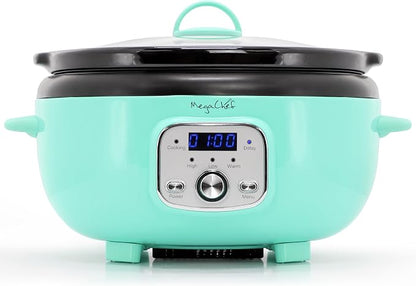 MegaChef 3.7 Quart Oval Electric Digital Slow Cooker with Black Stoneware Crock, Adjustable Timer & Temperature Control, Delay, High, Low & Warm Settings - Versatile Cooking Appliance (Turquoise)