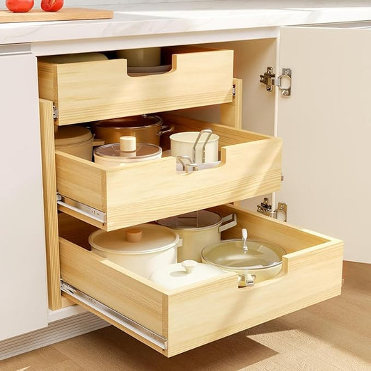 Pull Out Cabinet Organizer, 26''W×21''D Sliding Drawers for Cabinets, 3 Tier Soft Close Slide Out Wooden Pull out Drawers, Base Cabinet Organization for Kitchen, Pantry, Bathroom.