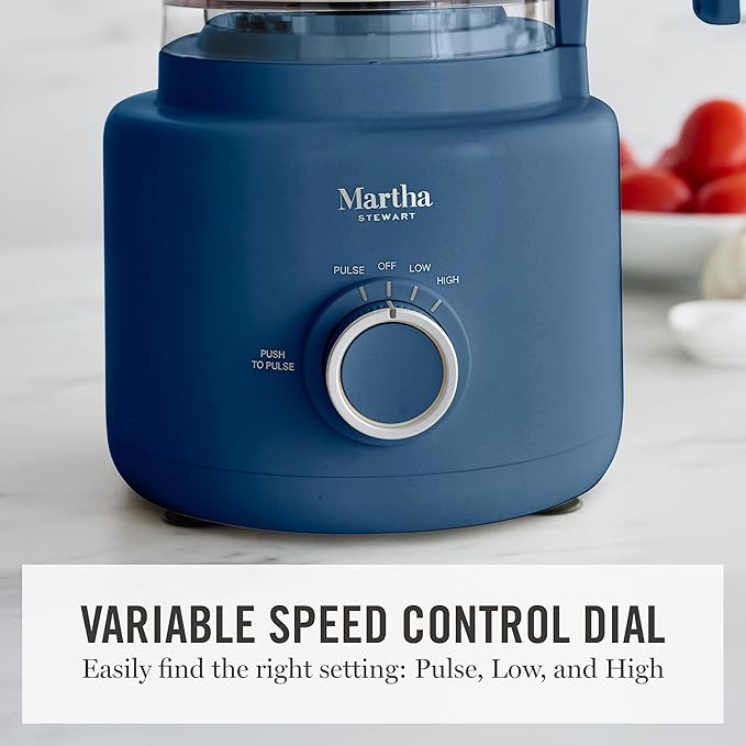 Martha Stewart Food Processor, 10-Cup Electric Chopper for Slicing, Shredding, Mincing and Puree, BPA-Free Twist & Lock Bowl, 3 Multipurpose Blades, Variable Speed Dial, Wide Feed Chute, Indigo Blue