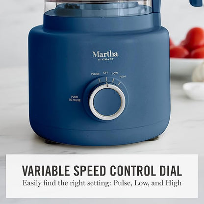 Martha Stewart Food Processor, 10-Cup Electric Chopper for Slicing, Shredding, Mincing and Puree, BPA-Free Twist & Lock Bowl, 3 Multipurpose Blades, Variable Speed Dial, Wide Feed Chute, Indigo Blue