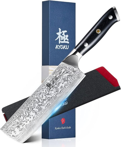 KYOKU 7" Damascus Nakiri Knife,UPGRADED Japanese Chef Knife with Silver Ion Coating,Ultra Sharp VG10 Stainless Steel Kitchen Vegetable Cutting Knives for Professional & Home Chefs Cooking Meat Cleaver