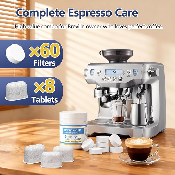 Cleaning Tablets and Water Filters for Breville Espresso Machines, Cleaning Kit for Breville - 60 Count 2g Espresso Machine Tablets and 8 Water Filters - 16 Months Supply