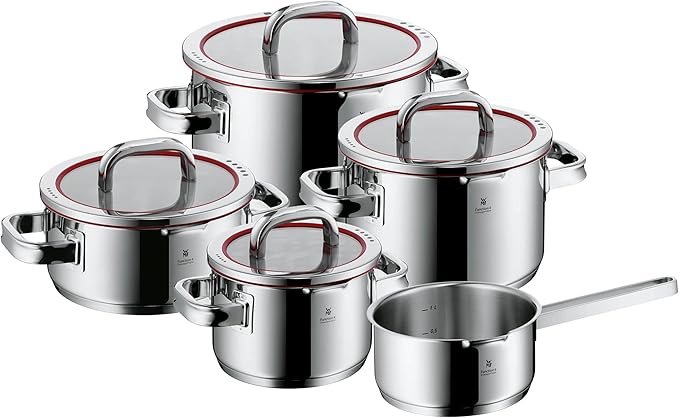 WMF Function 4 5-Piece Induction Saucepan Set, Glass Lid with 4 Pouring Functions, Polished Cromargan Stainless Steel, Induction Pots Set, Inner Scale