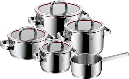 WMF Function 4 5-Piece Induction Saucepan Set, Glass Lid with 4 Pouring Functions, Polished Cromargan Stainless Steel, Induction Pots Set, Inner Scale