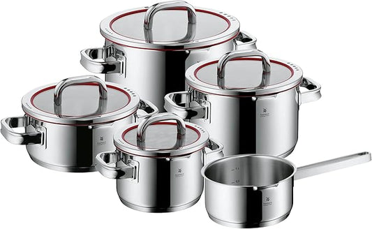 WMF Function 4 5-Piece Induction Saucepan Set, Glass Lid with 4 Pouring Functions, Polished Cromargan Stainless Steel, Induction Pots Set, Inner Scale