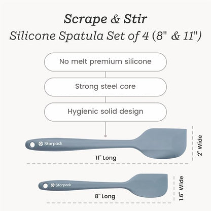 Starpack 'Scrape and Stir' Silicone Rubber Spatula Set (4-Piece) - LFGB Non Toxic, 600°F Heat Resistant, BPA-Free - One-Piece Kitchen Baking Spatulas - Dishwasher Safe for Nonstick Cookware Light Blue