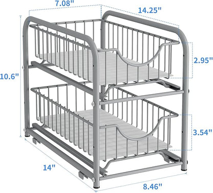 under sink storage 2 Tier Stackable Sliding Basket Organizer Drawer For Kitchen And Bathroom/Cabinet Drawers,silver
