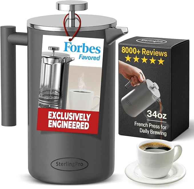 SterlingPro Small Insulated Stainless Steel French Press Coffee Maker 34oz – Insulated Metal Double Wall Coffee Maker | Plastic Free | Cool-Touch | Grey Finish | Makes up to 8 cups / 4 mugs