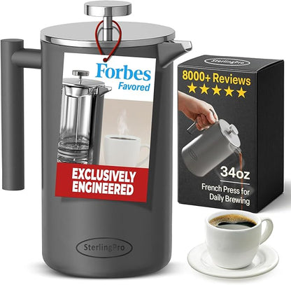 SterlingPro Small Insulated Stainless Steel French Press Coffee Maker 34oz – Insulated Metal Double Wall Coffee Maker | Plastic Free | Cool-Touch | Grey Finish | Makes up to 8 cups / 4 mugs