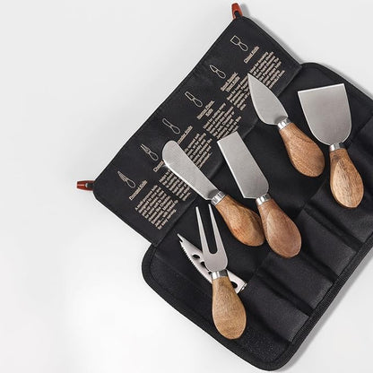 Charcuterie Board Accessories - 6 Piece Cheese Knife Set Stainless Steel With Acacia Wooden Handle for Cheese Serving Cutting, Cheese Tools Butter Knife With Storage Bag Included Gift Set