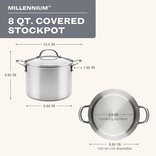 Farberware Millennium Stainless Steel Stockpot with Lid, Induction Ready, Compatible with All Cooktops, Metal Utensil Safe, 8 Quart Dutch Oven, Dishwasher Safe - Stainless Steel