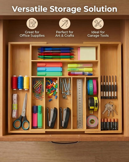 Expandable Bamboo Silverware Drawer Organizer – Adjustable 21" Wide Wooden Utensil Tray with 9-Compartments, Large Kitchen Flatware & Spoon Holder, Natural Solid Wood for Drawers
