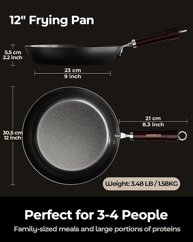 12 Inch Auto-Seasoning Large Carbon Steel Skillet, Pre-Seasoned Deep Nitrided Carbon Steel Pan for Family Size Meals and Professional Searing, Wooden Handle, PFAS & PFOA-Free