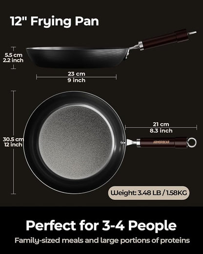 12 Inch Auto-Seasoning Large Carbon Steel Skillet, Pre-Seasoned Deep Nitrided Carbon Steel Pan for Family Size Meals and Professional Searing, Wooden Handle, PFAS & PFOA-Free