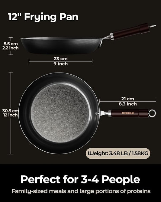 12 Inch Auto-Seasoning Large Carbon Steel Skillet, Pre-Seasoned Deep Nitrided Carbon Steel Pan for Family Size Meals and Professional Searing, Wooden Handle, PFAS & PFOA-Free