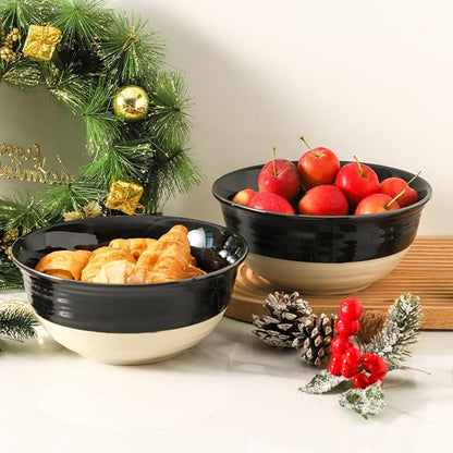 HASENSE Large Porcelain Serving Bowls Set of 2, 60 Oz 8.5 Inch Black & Beige Stoneware Mixing Bowls, Farmhouse Bowls for Salad, Soup & Pasta, Dishwasher & Microwave Safe