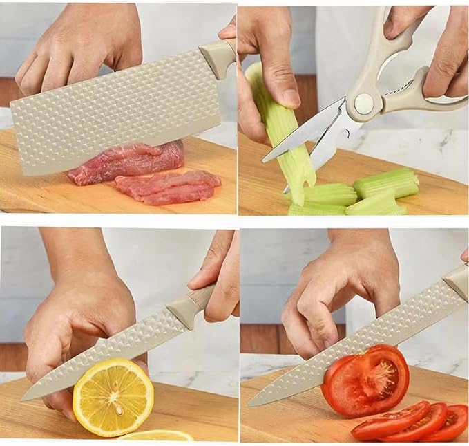 Luxury Aesthetic Kitchen Knife Set with Holder,6Pcs Beige Knife Set with Wood Grain Handle,Stainless Steel Chef Knives and Scissors,Gift for Cooking