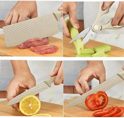 Luxury Aesthetic Kitchen Knife Set with Holder,6Pcs Beige Knife Set with Wood Grain Handle,Stainless Steel Chef Knives and Scissors,Gift for Cooking