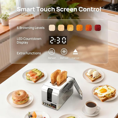Toaster 2 Slice, Consciot Smart Touch Screen Toasters with 6 Browning Levels, Timer, Reheat/Defrost/Cancel, Extra-Wide Slots, Removable Crumb Tray, Auto Pop-up & Anti Jam, Peak 925W, Stainless Steel