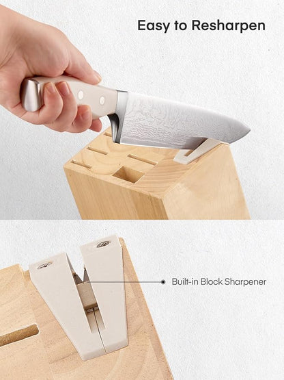 Knife Set, D.Perlla 15 Pieces Kitchen Knife Set with Built-in Sharpener, High Carbon Stainless Steel Kitchen Knife Block Set with Unique Waved Pattern, Non-slip Handle, White