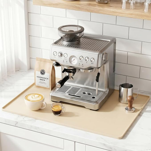 Golener Silicone Coffee Mat - 24" x 16" Coffee Bar Mat for Countertop with Raised Edges, Kitchen Station Pad, Accessories Fit Under Coffee Machine, Waterproof Dish Drying Mat, Heat Resistant, Beige