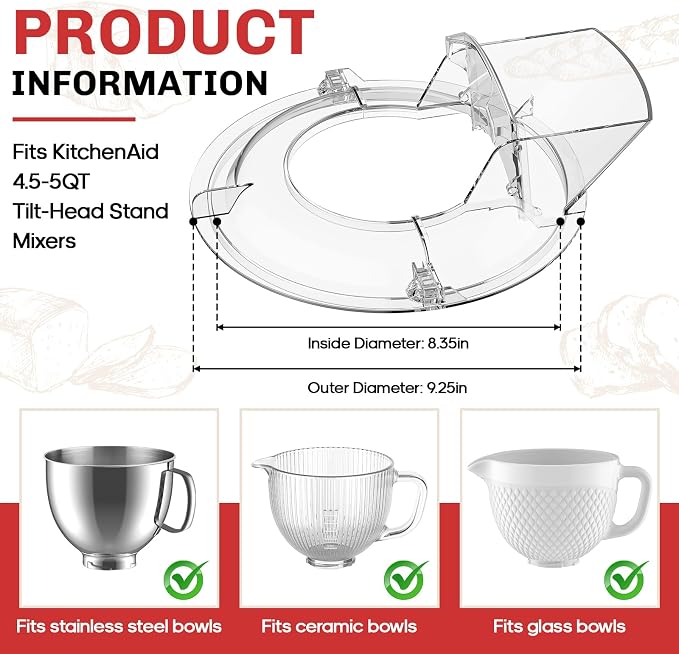 Pouring Shield for KitchenAid Mixer - Splash Guard for Kitchen Aid Stand Mixer Works with 4.5-5QT Tilt-Head Mixer Bowls (Stainless Steel/Glass/Ceramic/Wood), Kitchen Aid Accessories and Attachments