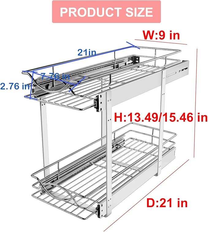 Sikarou Pull Out Cabinet Organizer 9" W x 21" D 2-Tier Individual Slide Out Drawer Pantry Shelf Storage for Kitchen Base Cabinet Organization for Kitchen, Bathroom, Pantry, Chrome