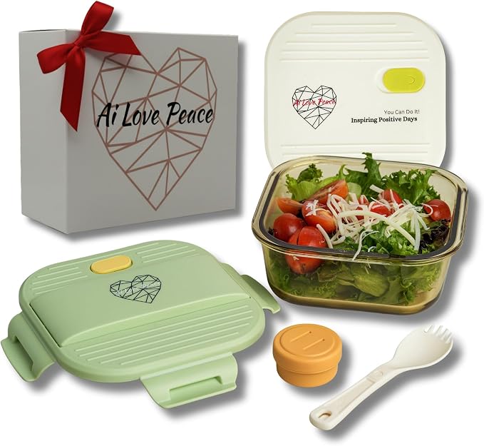 Ai Love Peace Soup Container with Dual Lids,26 oz Borosilicate Glass Lunch Box | Leakproof Lid+ Microwave &Safe Freezer Lid, Stackable,Glass Meal Prep Food Storage,Perfect for Work & Soup Lovers Gift.