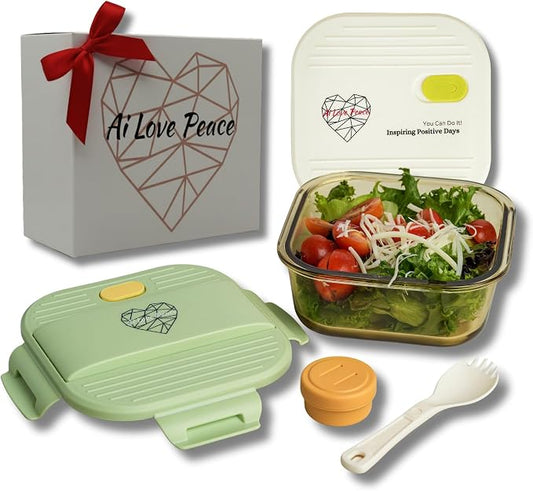 Ai Love Peace Soup Container with Dual Lids,26 oz Borosilicate Glass Lunch Box | Leakproof Lid+ Microwave &Safe Freezer Lid, Stackable,Glass Meal Prep Food Storage,Perfect for Work & Soup Lovers Gift.