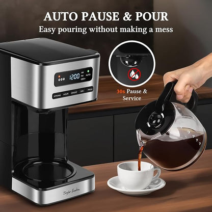 Taylor Swoden Programmable Coffee Makers 12 Cup, Hot and Iced Coffee Maker, 4 Brew Strength, LED Display, 24H Timer, Keep Warm&Auto Shutoff- Drip Coffee Machine for Home/Office, Black &Stainless Steel