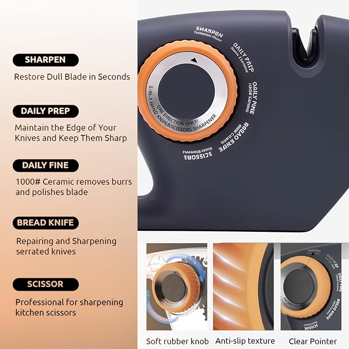 5 in 1 Versatile Manual Knife Sharpener, 5 Stages Knife Sharpeners Professional Chef's Kitchen Knife Accessories, Kitchen Blade & Scissors Sharpening Tool, Easy to Use, for Kitchen Knife