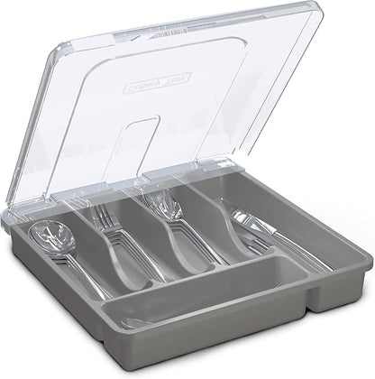 Utensil Holder for Countertop with Lid, Plastic Silverware Tray for Drawer, 5 Compartments Flatware Organizer, Gray