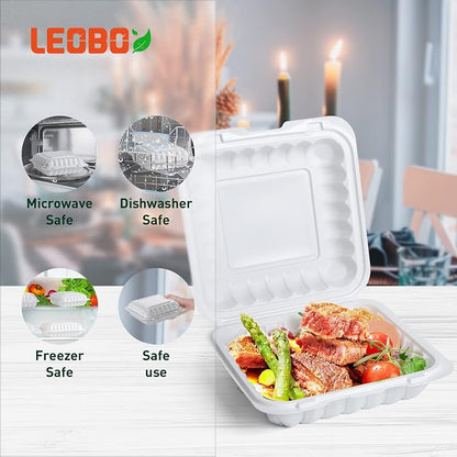8 Inch 34oz 55-Pack White Food Containers - Shrink Wrap No Pre-Wash | BPA Free Sturdy Reusable | Microwave, Freezer & Dishwasher Safe for Leftovers, Meal Prep, Takeout & Catering Disposable Box