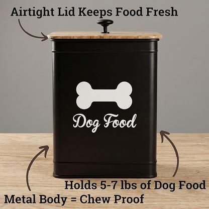 Dog Food Container Airtight 5-7 lb (25 Cup) Capacity - Cute Airtight Dog Food Storage Container with Bamboo Lid & Sturdy Metal Handle - Black Metal Kibble Storage Bin for Dogs up to 50 lbs - Pet Jar