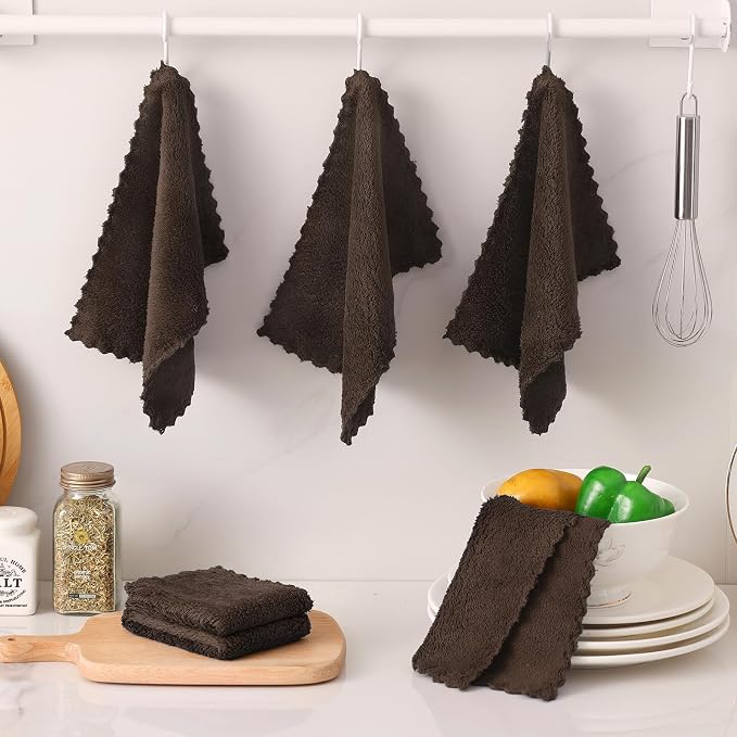 Kitinjoy 24 Pack Kitchen Cloths Dish Towels (7" x 9", Brown), Super Soft and Absorbent Dish Cloths, Nonstick Oil Fast Drying Coral Velvet Microfiber Cleaning