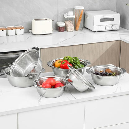 Paoli 304 Stainless Steel Fine Mesh Colander Set, 2.5QT Large Capacity Strainer with Mixing Bowl — Rinse Fruits, Veggies, Rice & Drain Pasta, Dishwasher Safe (2-Piece Gold)