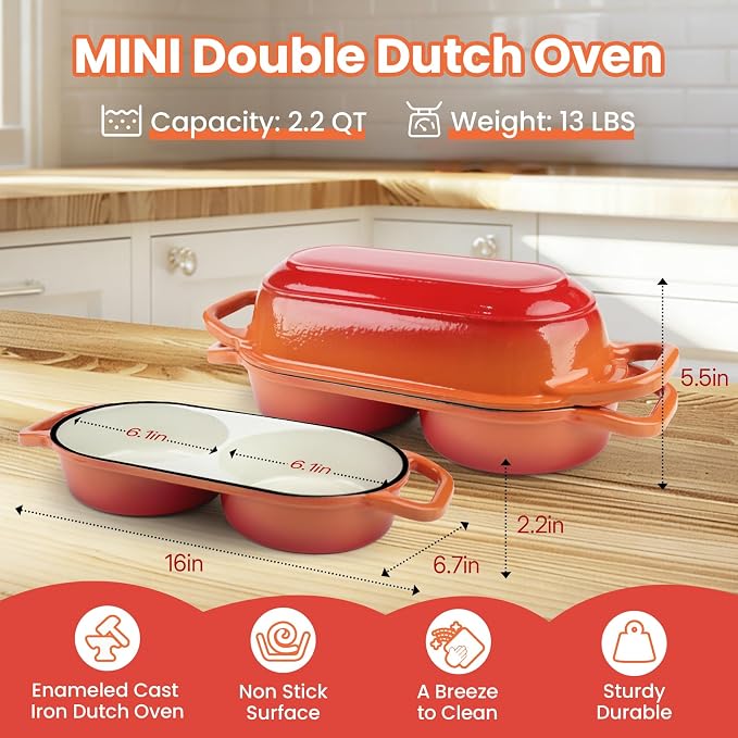 YONILL Mini Double Dutch Oven for Sourdough Bread Baking - Enameled Cast Iron Dutch Oven Pot with Lid and 5" Banneton Bread Proofing Basket Kit, Dual Round Bread Loaf Pan for Homemade Baking