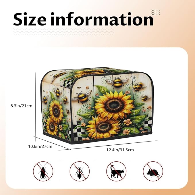 4 Slice Sunflower Wood Bee Toaster Cover Waterproof Dust Fingerprint Bread Machine Cover Washable Kitchen Appliance Protector For Home Kitchen Bakeware Table Decor Women Gifts