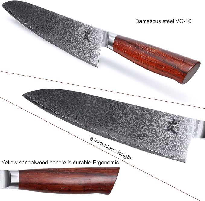 SAMCOOK Damascus Chef Knife - 8 Inch Professional Sharp Gyuto Knife - Japanese VG-10 High Carbon Stainless Steel Kitchen Cooking knife - Ergonomic Sandalwood Handle with Gift Box