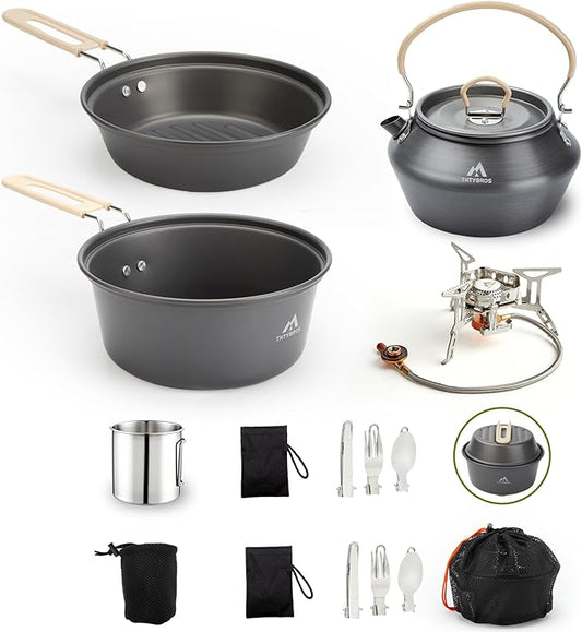 THTYBROS 17pcs Camping Cookware Kit, 0.45Gal Pot, 7inches Pan,0.30Gal Kettle Set with 2 Set Stainless Steel Cups Plates Forks Knives Spoons for Hiking
