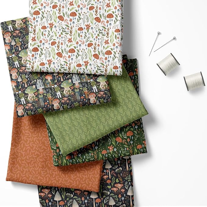 Woodland Patchwork Fabric Panel 100x155 cm – 100% Cotton Satin, 6 Coordinated Forest & Mushroom Prints on One Continuous Sheet for Quilting, Sewing & DIY Crafts(Forest Mushrooms, 6pcs 50x50cm)