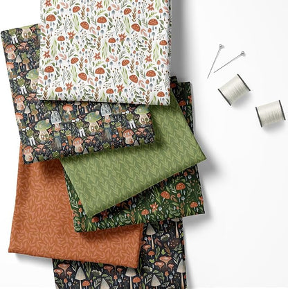 Woodland Patchwork Fabric Panel 100x155 cm – 100% Cotton Satin, 6 Coordinated Forest & Mushroom Prints on One Continuous Sheet for Quilting, Sewing & DIY Crafts(Forest Mushrooms, 6pcs 50x50cm)